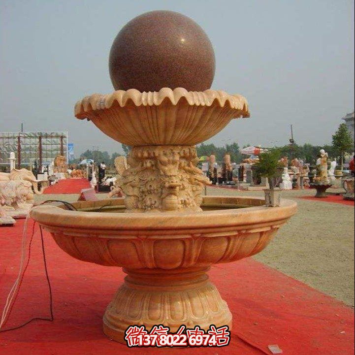 經典中式風水球，黃銹巖浮雕噴泉水