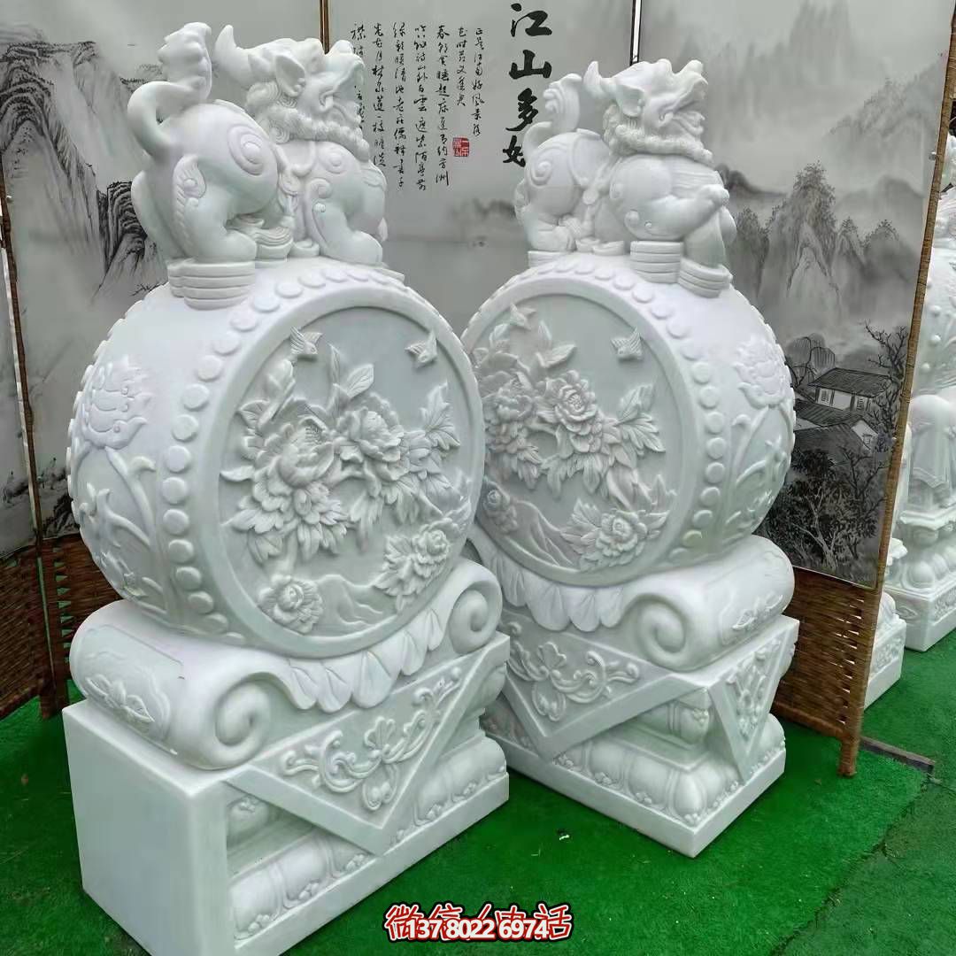 天然優質漢白玉浮雕麒麟抱鼓石,裝點你的庭院門口 天然優質漢白玉浮雕麒麟抱鼓石,裝點你的庭院門口