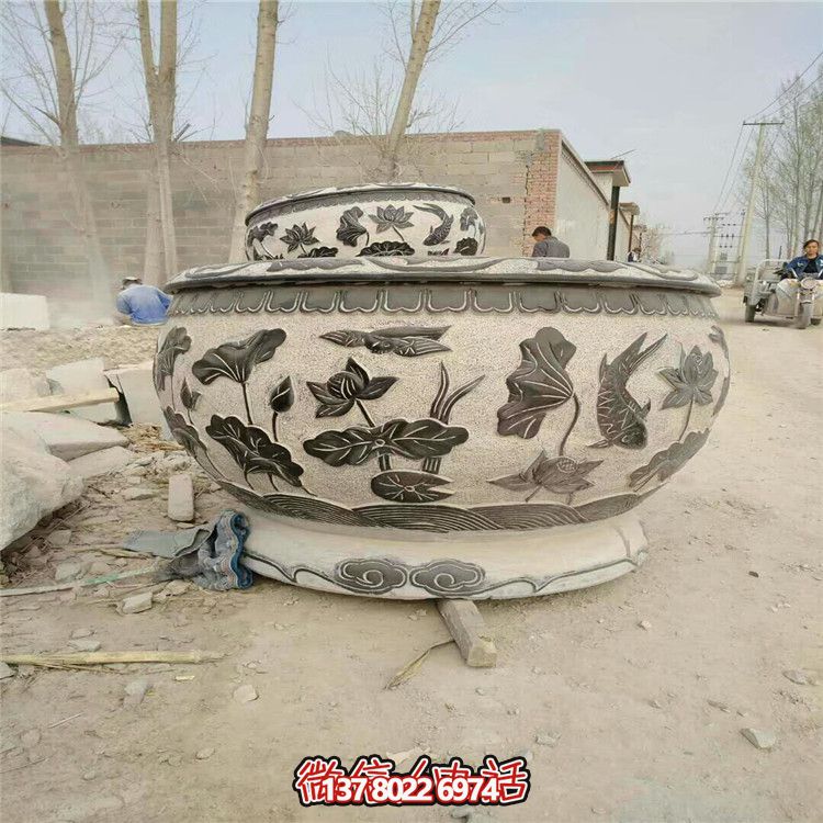 田園風格仿古石雕浮雕荷花花盆雕塑 田園風格仿古石雕浮雕荷花花盆雕塑
