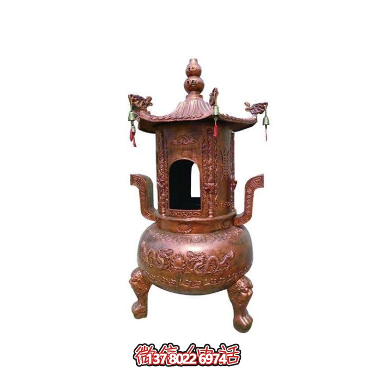純銅香爐四柱舍利塔，裝飾寺院舍利