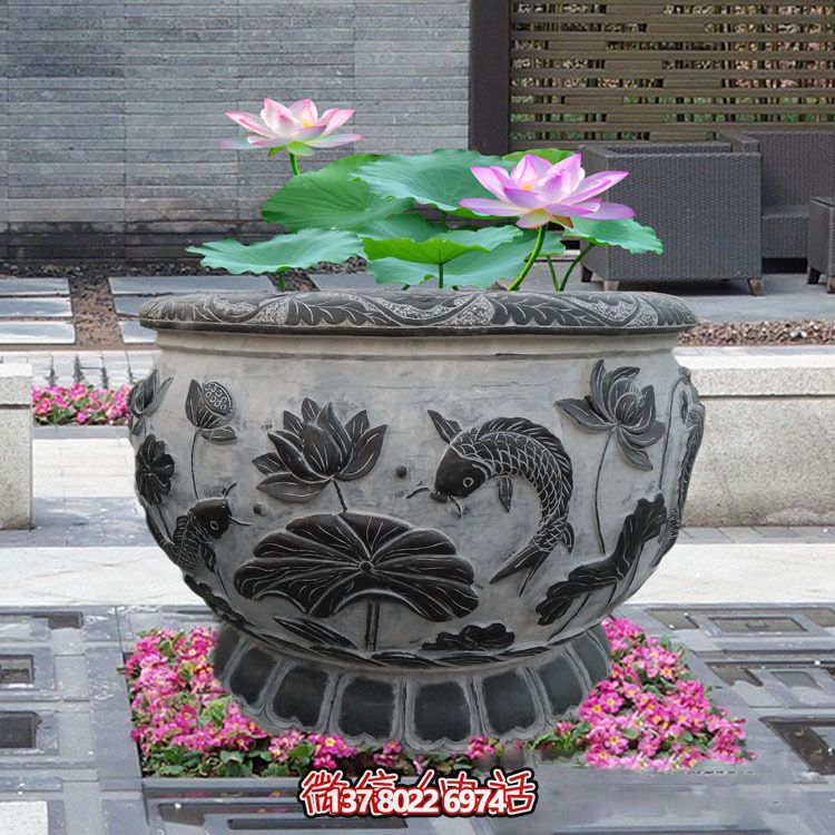 古典庭院裝飾-青石浮雕水缸荷花雕塑 古典庭院裝飾-青石浮雕水缸荷花雕塑