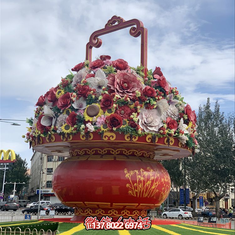 藝術彩繪大型戶外景觀玻璃鋼花籃雕塑 藝術彩繪大型戶外景觀玻璃鋼花籃雕塑