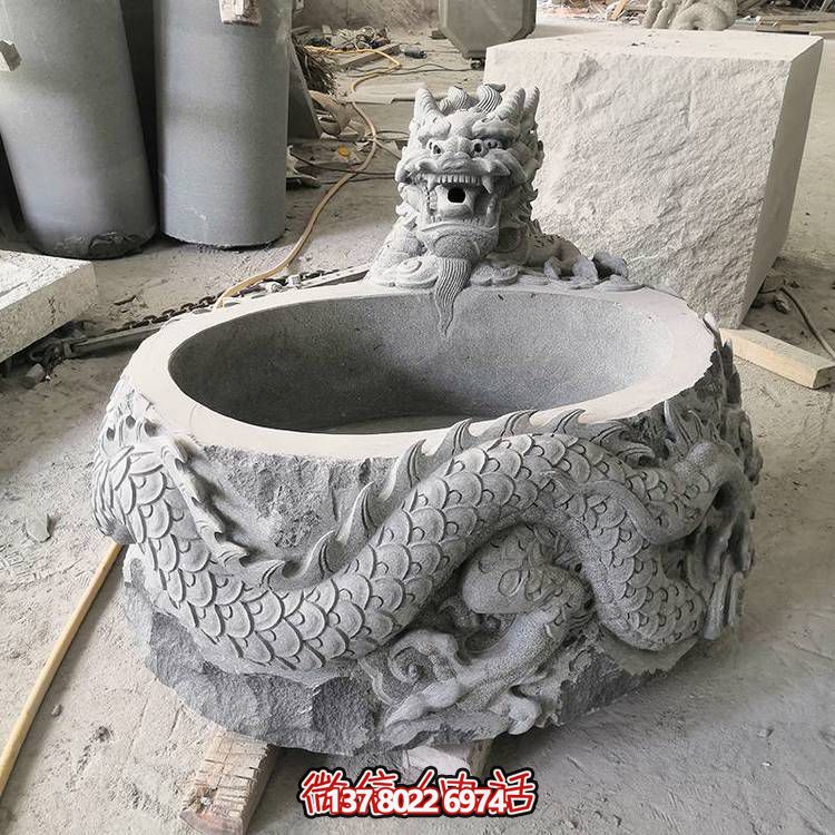 仿古石缸水缸青石龍形浮雕雕塑，為您的庭院增添一抹古樸