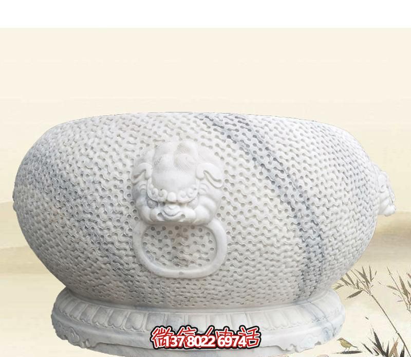 精美狴犴圓形雕塑，點綴庭院水缸浮雕