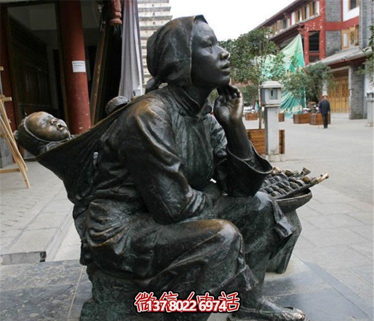 街邊創意銅雕母子竹樓雕塑 街邊創意銅雕母子竹樓雕塑