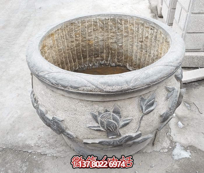 仿古荷花鯉魚(yú)浮雕石雕水缸雕塑