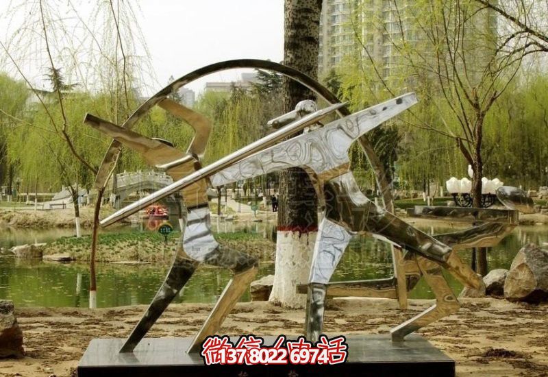 公園湖邊擺放不銹鋼抽象標槍運動員雕塑 公園湖邊擺放不銹鋼抽象標槍運動員雕塑