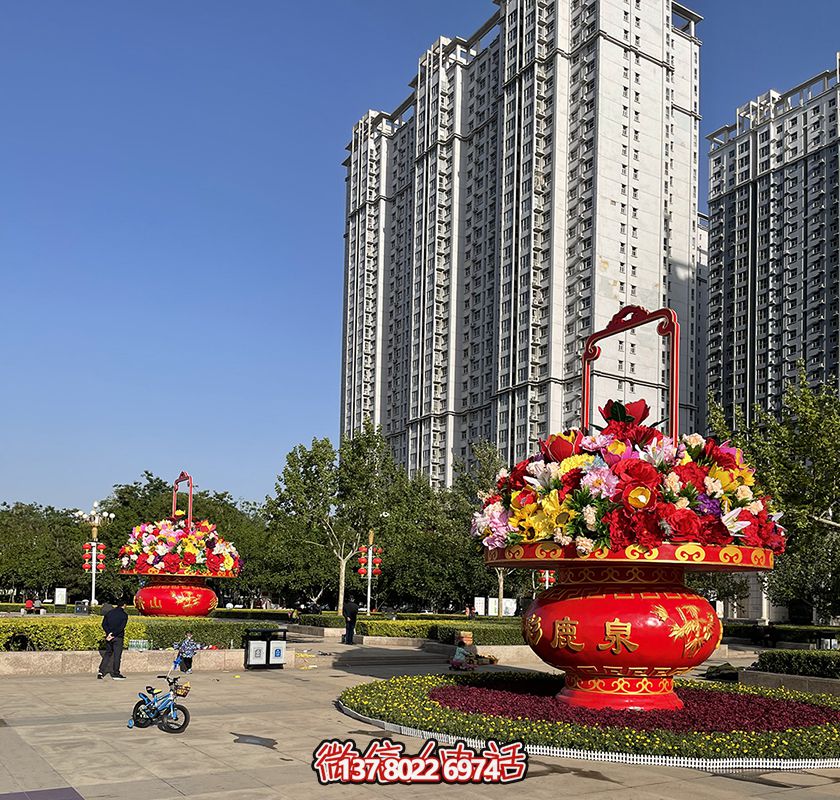 迎接國慶玻璃鋼彩繪大花籃雕塑 迎接國慶玻璃鋼彩繪大花籃雕塑