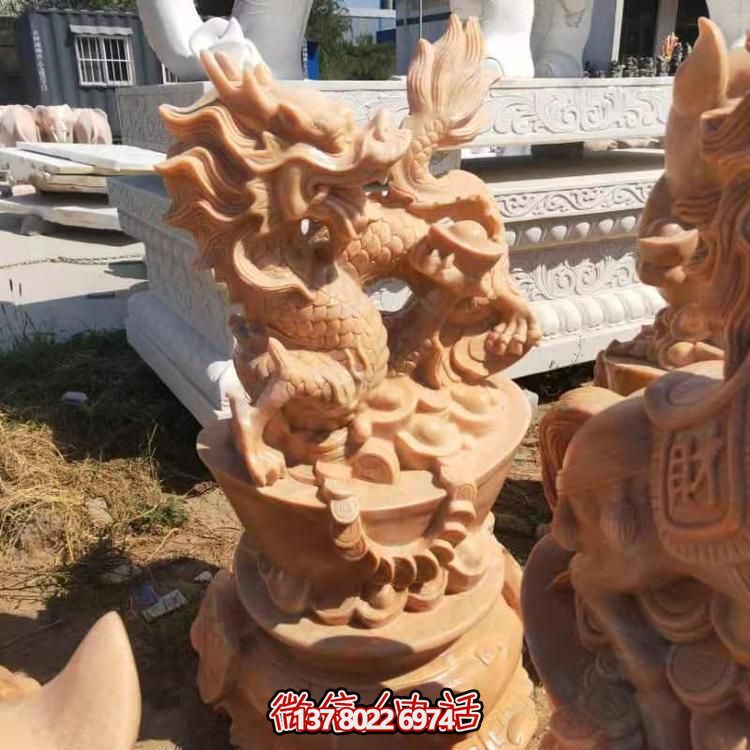 店鋪開業(yè)擺放天然晚霞紅石雕麒麟招財進(jìn)寶雕塑
